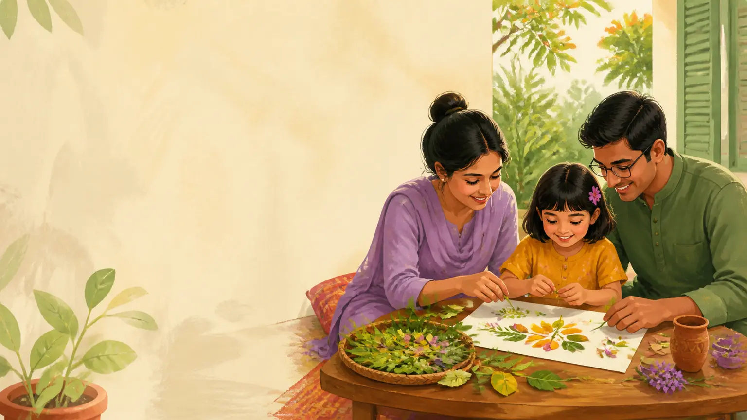 Creativity, art ও open-ended play নিয়ে parent ও শিশুর calm family illustration