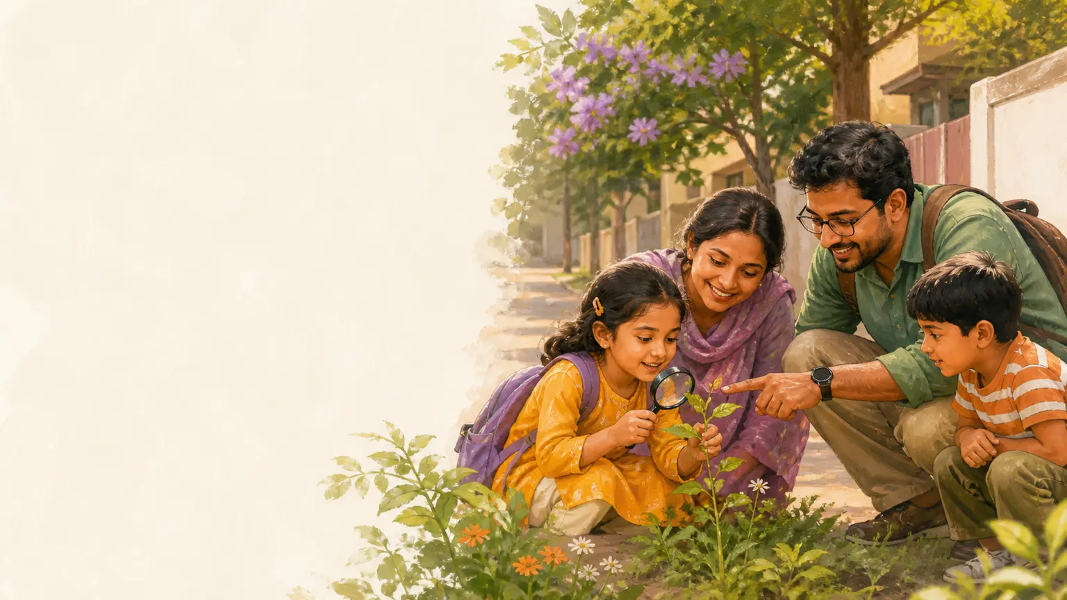 Math, science ও STEM curiosity নিয়ে parent ও শিশুর calm family illustration