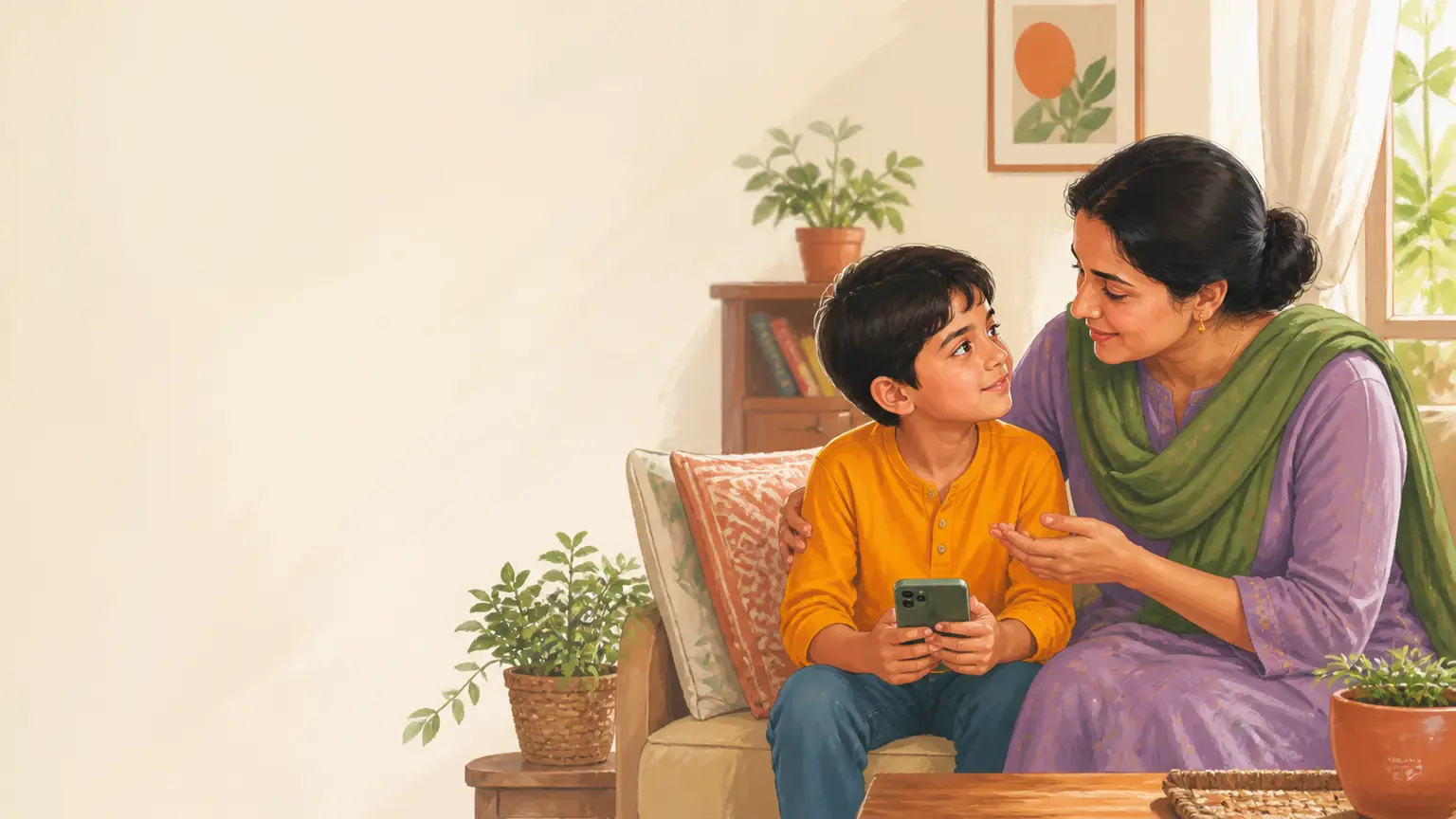 Digital safety ও media literacy নিয়ে parent ও শিশুর calm family illustration