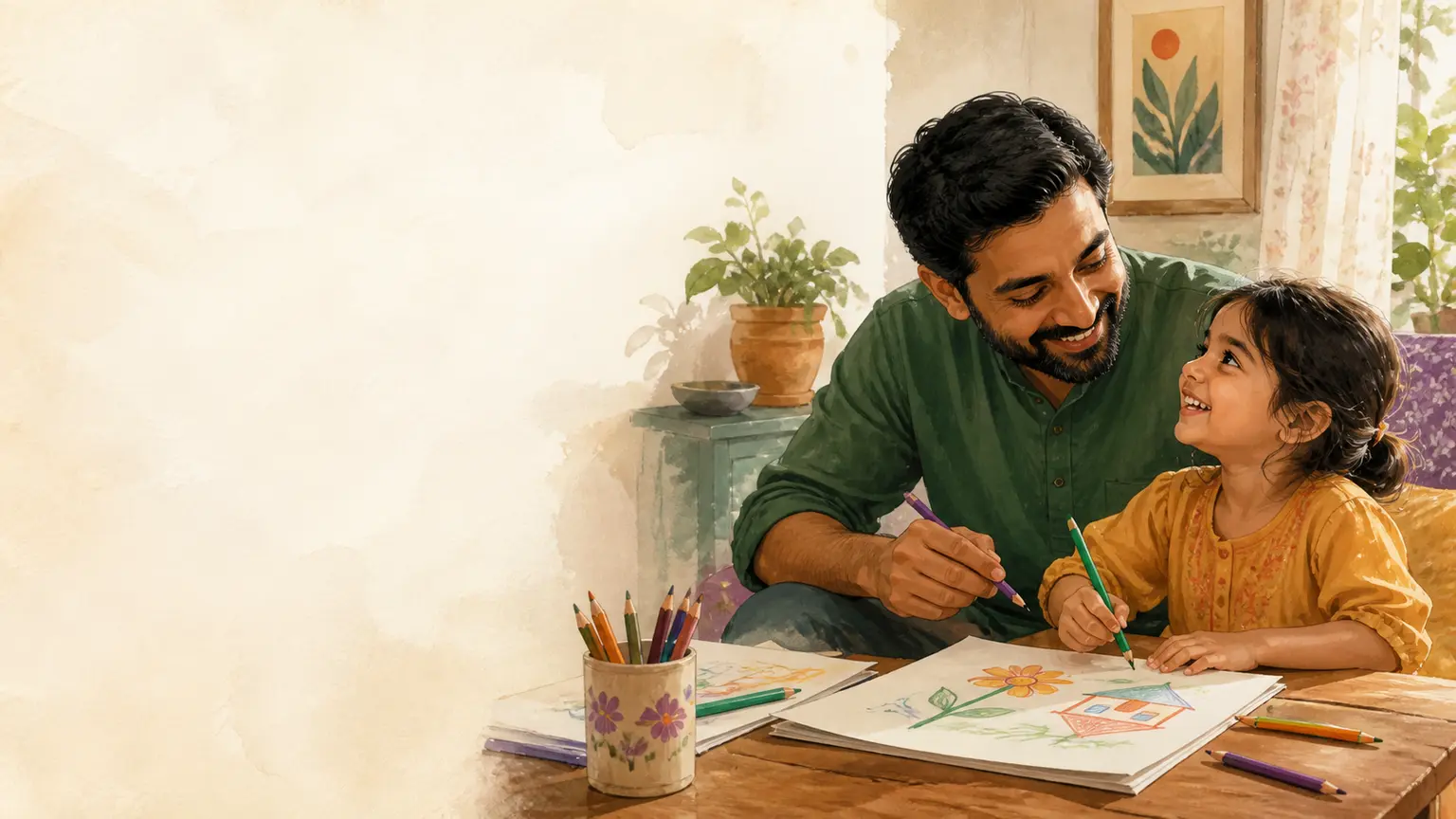 Creativity, art ও open-ended play নিয়ে parent ও শিশুর calm family illustration