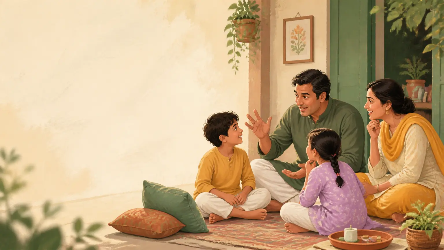 বাংলা ভাষা, গল্প ও reading নিয়ে parent ও শিশুর calm family illustration