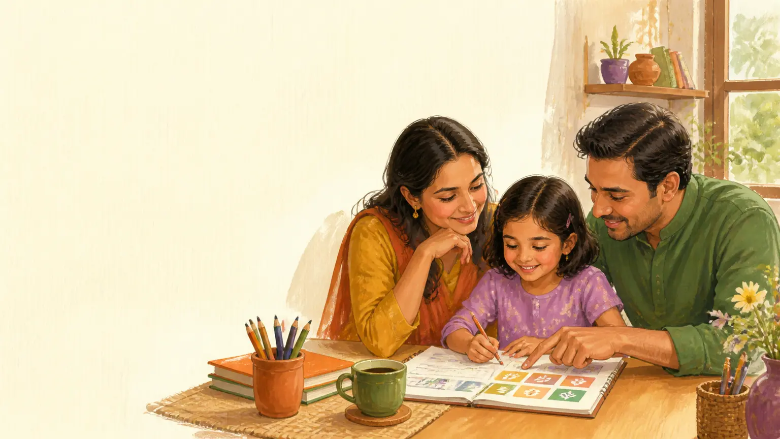 Digital safety ও media literacy নিয়ে parent ও শিশুর calm family illustration