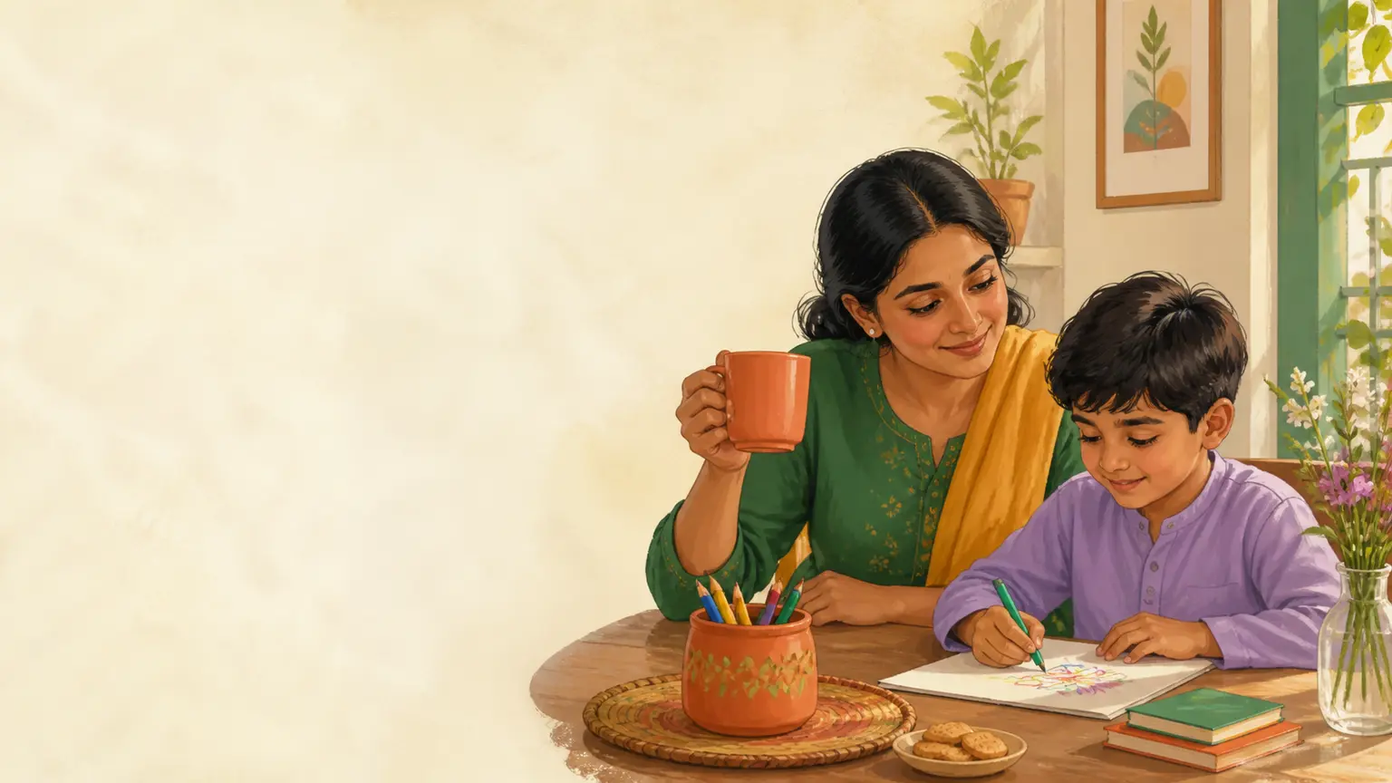 Screen routine ও mobile balance নিয়ে parent ও শিশুর calm family illustration