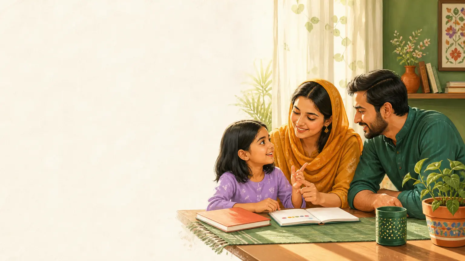 Digital safety ও media literacy নিয়ে parent ও শিশুর calm family illustration
