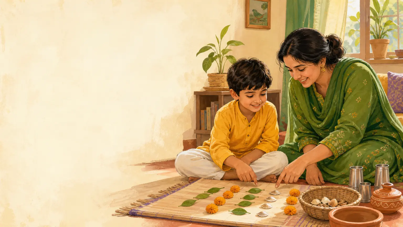 Math, science ও STEM curiosity নিয়ে parent ও শিশুর calm family illustration