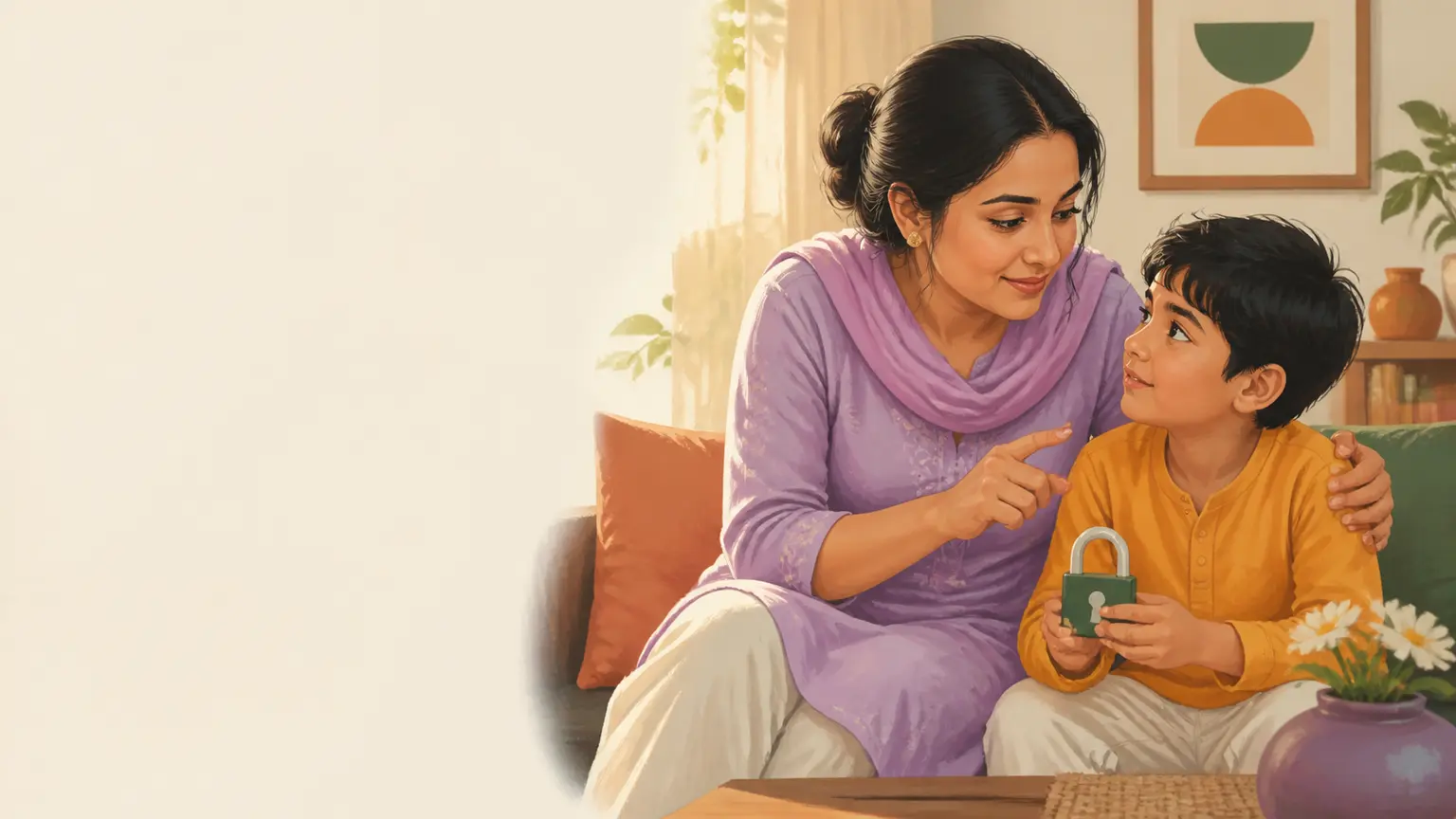 Digital safety ও media literacy নিয়ে parent ও শিশুর calm family illustration