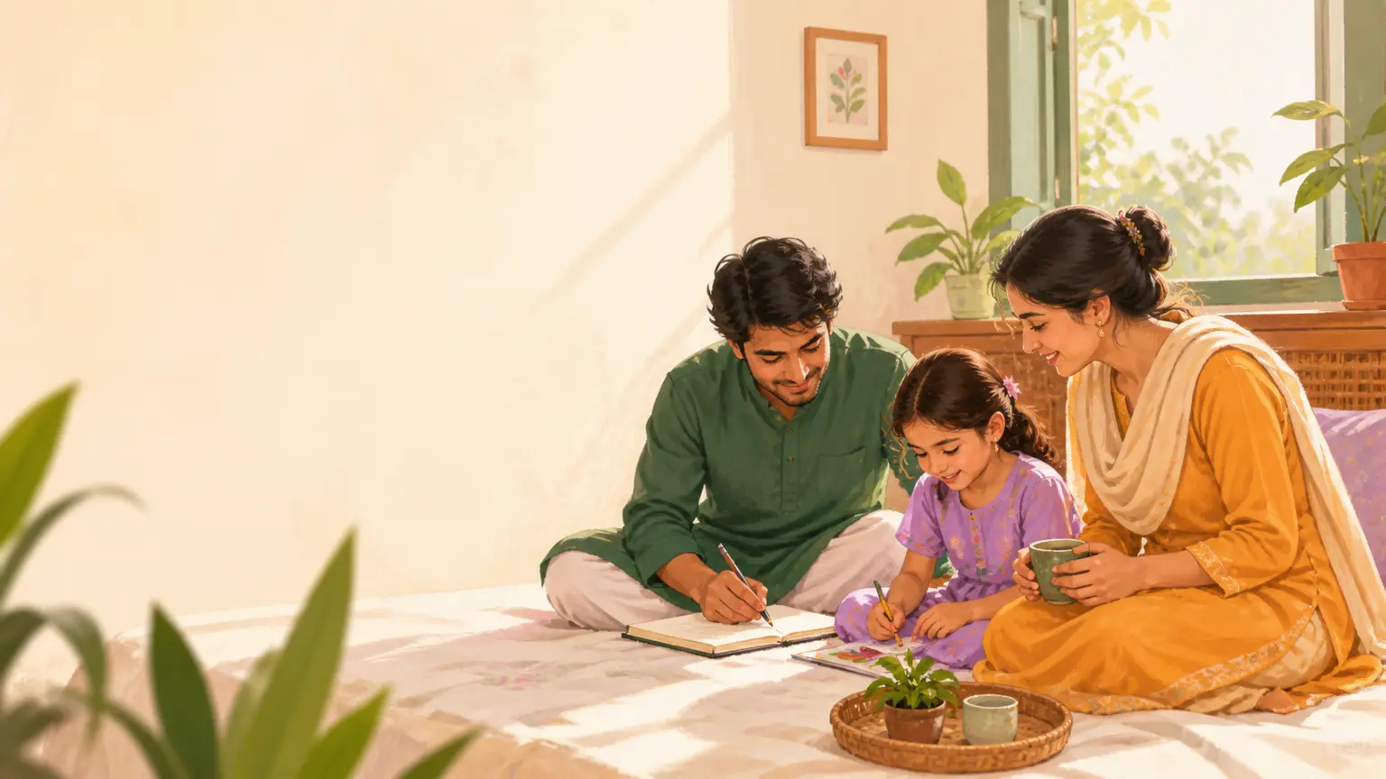 Screen routine ও mobile balance নিয়ে parent ও শিশুর calm family illustration