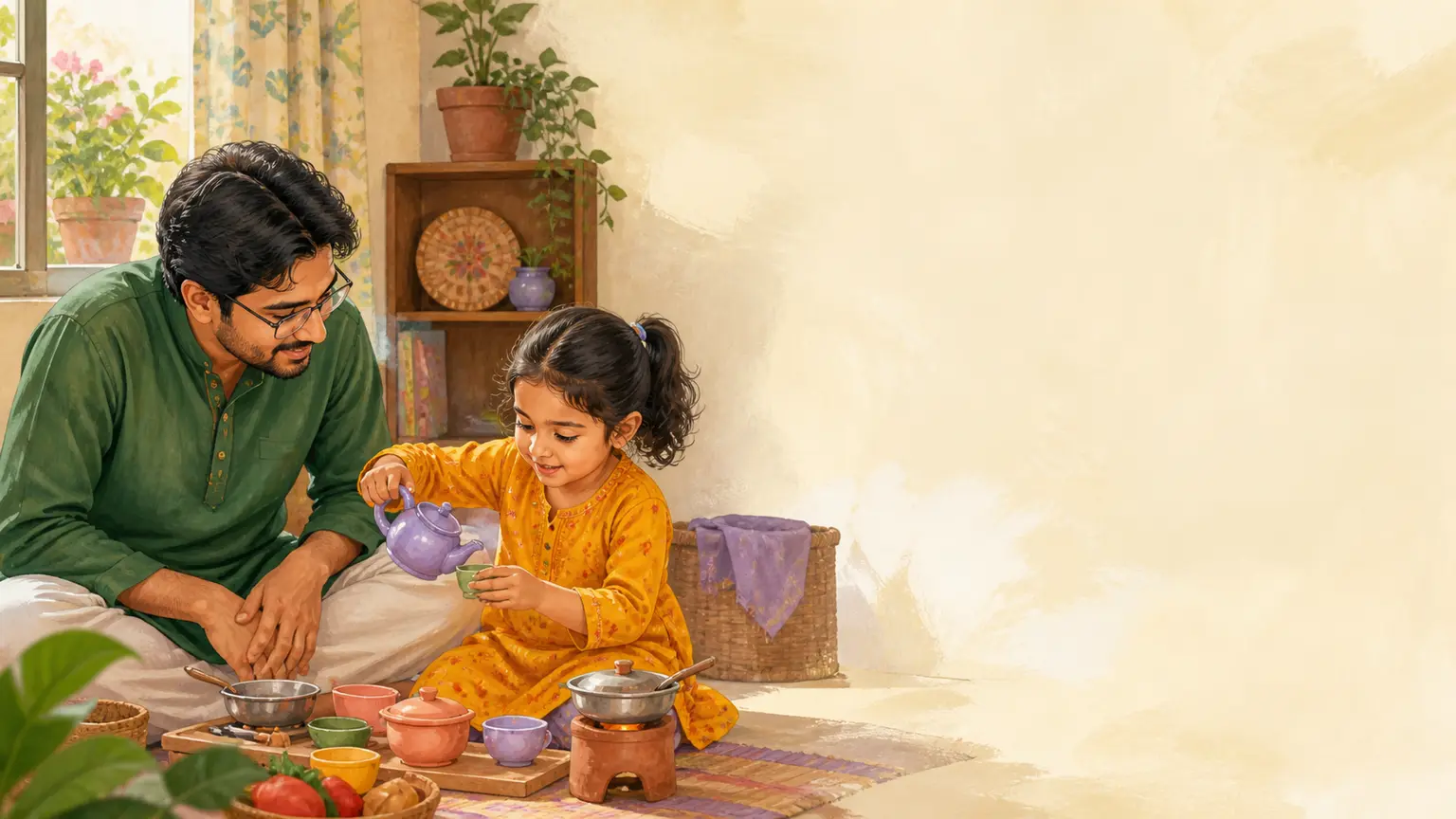 Creativity, art ও open-ended play নিয়ে parent ও শিশুর calm family illustration