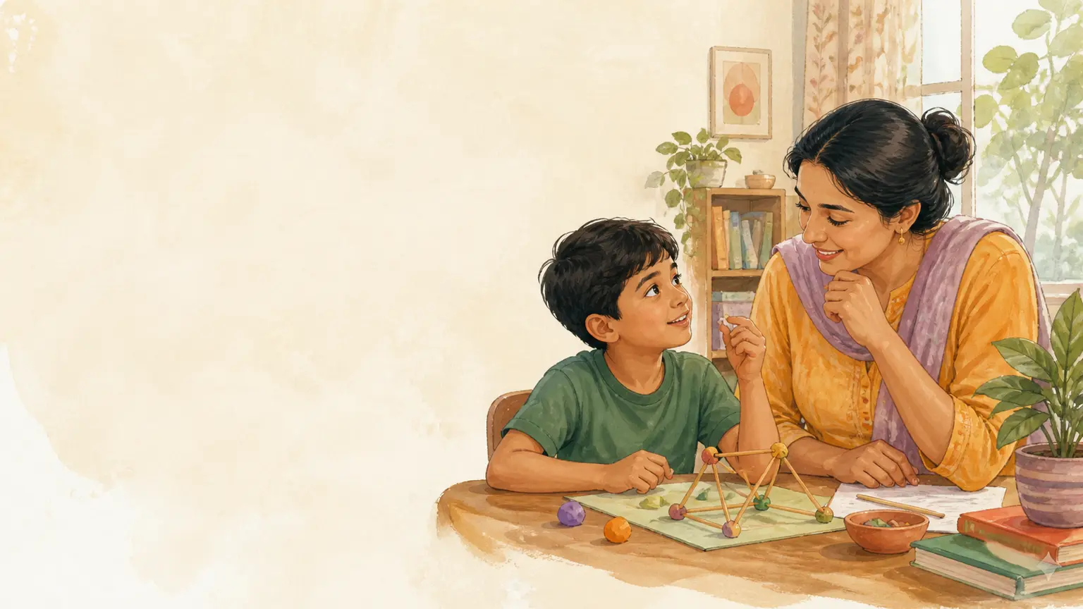 Math, science ও STEM curiosity নিয়ে parent ও শিশুর calm family illustration
