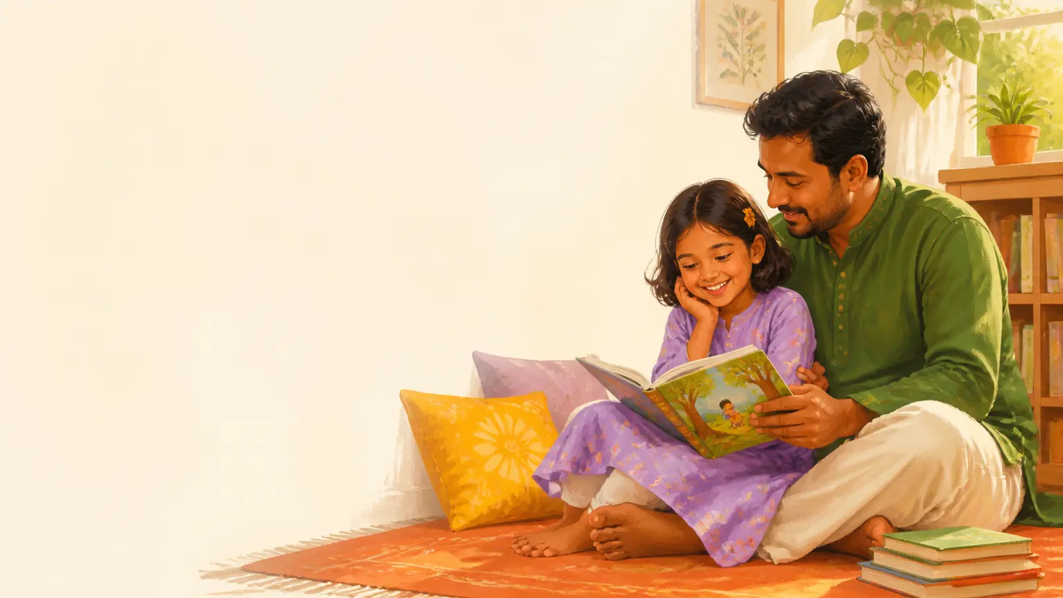 বাংলা ভাষা, গল্প ও reading নিয়ে parent ও শিশুর calm family illustration