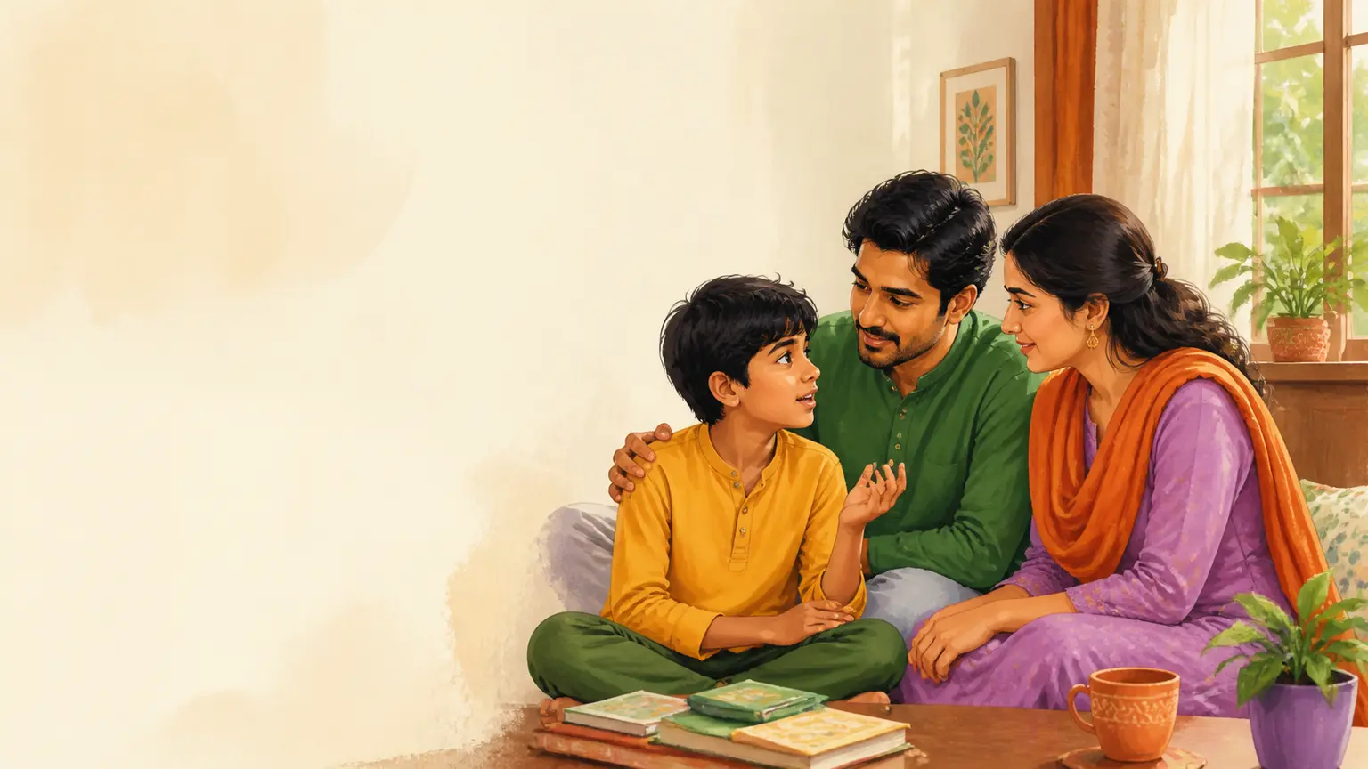 Digital safety ও media literacy নিয়ে parent ও শিশুর calm family illustration