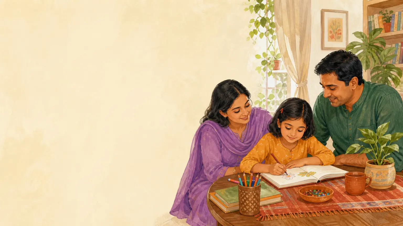Learning, focus ও pressure-free progress নিয়ে parent ও শিশুর calm family illustration