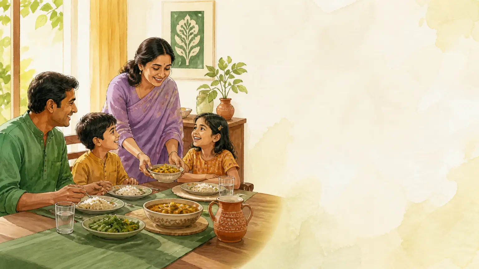 Screen routine ও mobile balance নিয়ে parent ও শিশুর calm family illustration