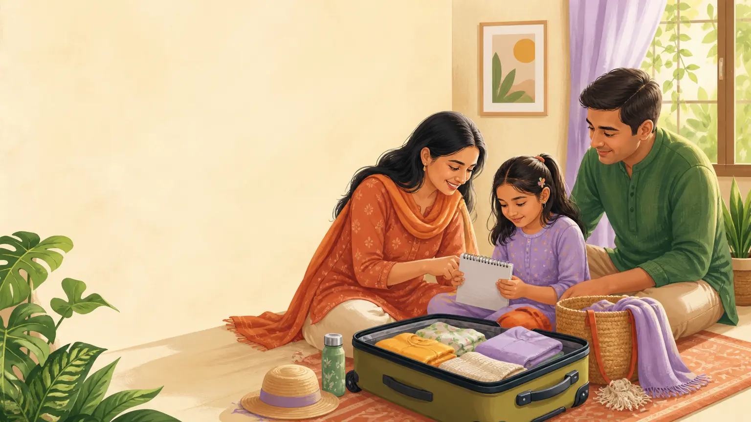 Screen routine ও mobile balance নিয়ে parent ও শিশুর calm family illustration