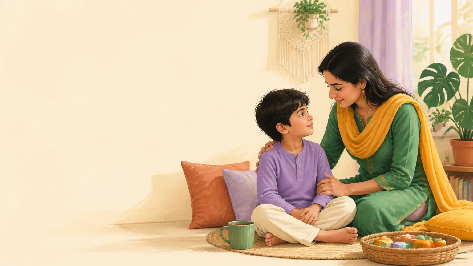 Screen routine ও mobile balance নিয়ে parent ও শিশুর calm family illustration