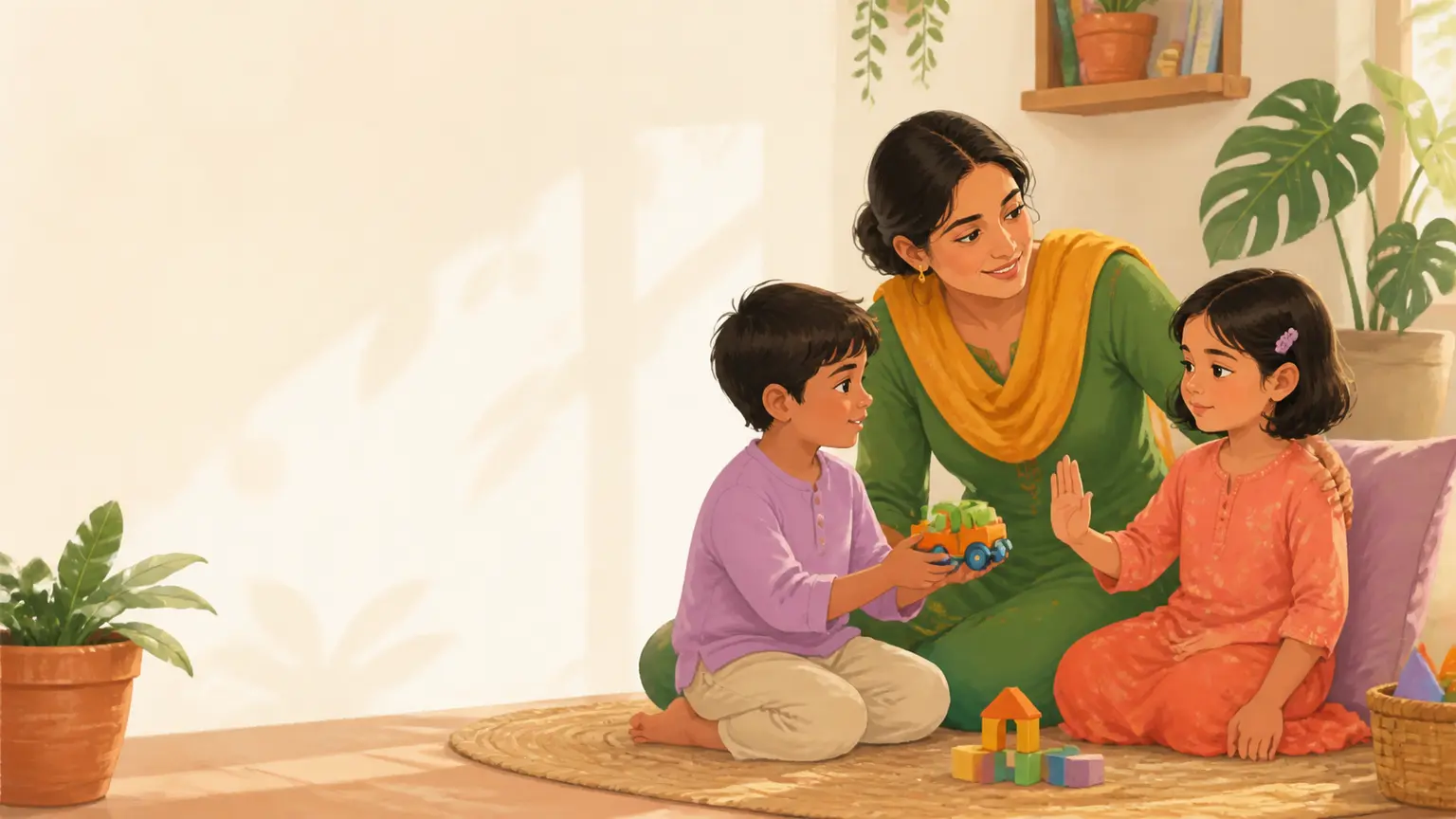 Emotion, confidence ও social skill নিয়ে parent ও শিশুর calm family illustration