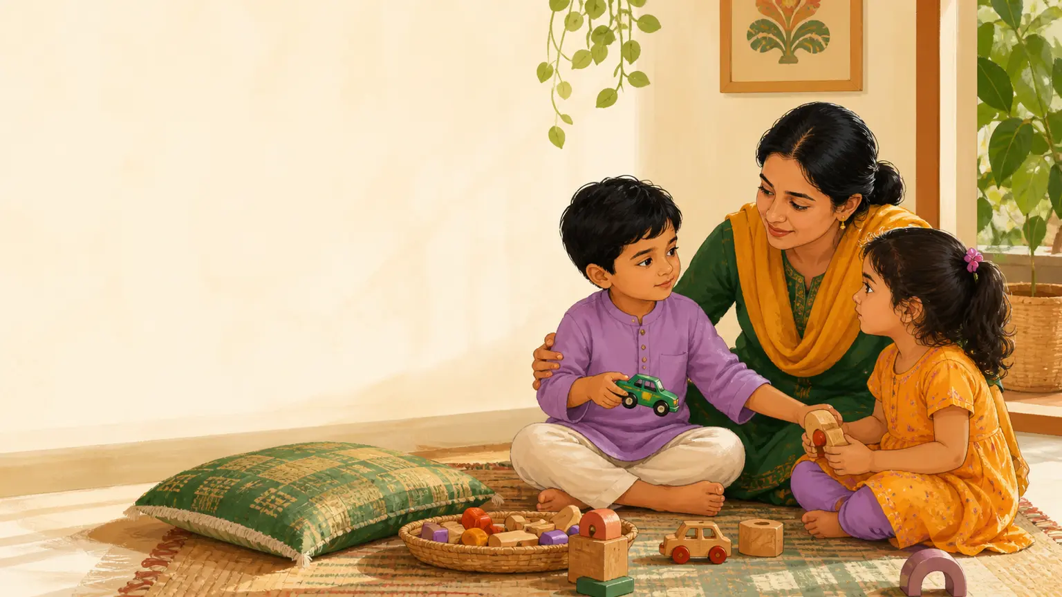 শিশুর ভালো অভ্যাস ও routine নিয়ে parent ও শিশুর calm family illustration