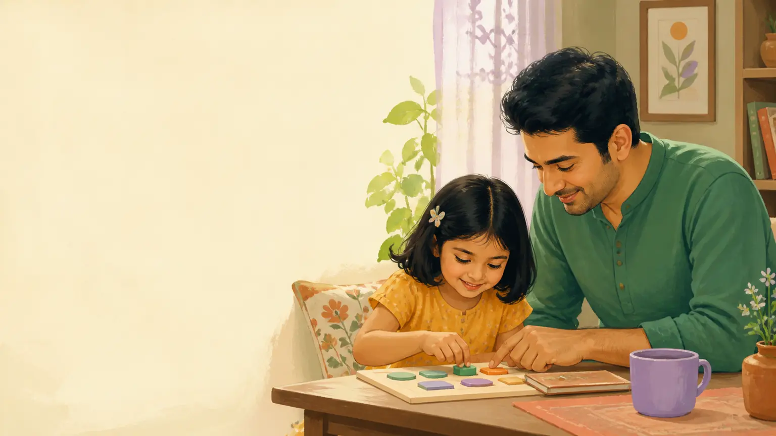 Learning, focus ও pressure-free progress নিয়ে parent ও শিশুর calm family illustration
