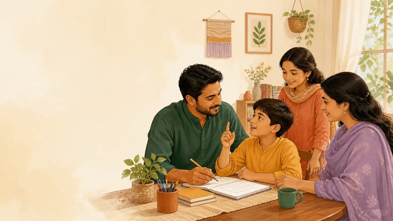 Screen routine ও mobile balance নিয়ে parent ও শিশুর calm family illustration