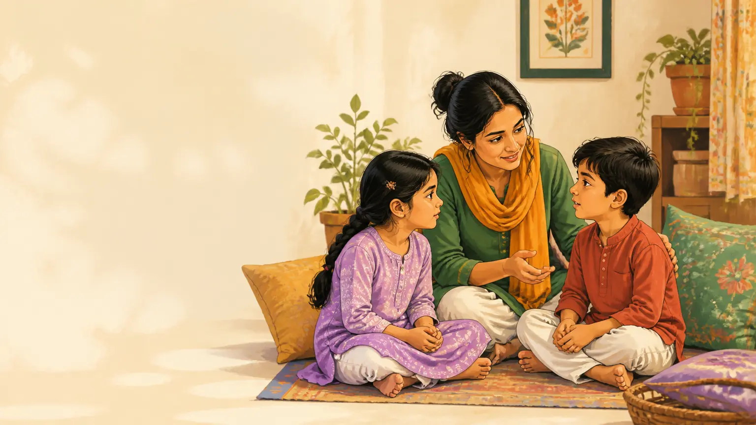 Emotion, confidence ও social skill নিয়ে parent ও শিশুর calm family illustration