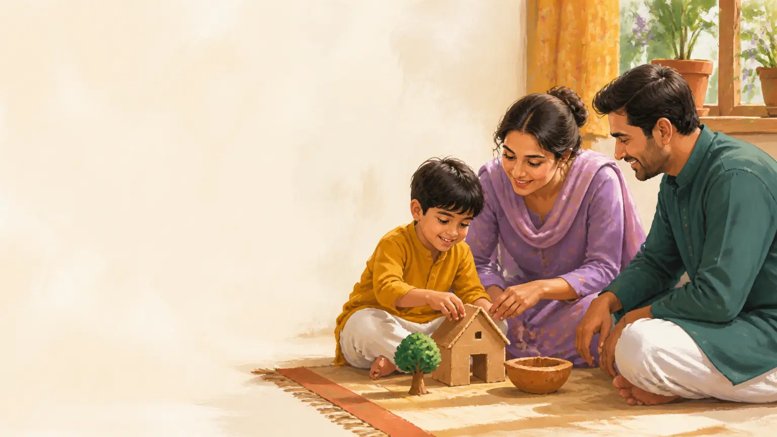Creativity, art ও open-ended play নিয়ে parent ও শিশুর calm family illustration