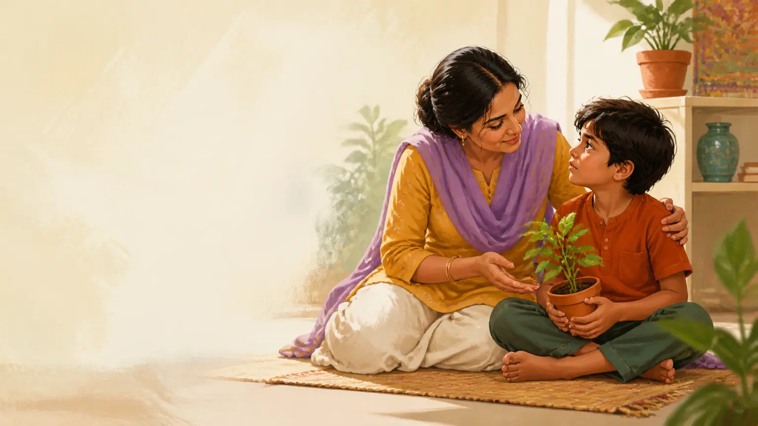 Emotion, confidence ও social skill নিয়ে parent ও শিশুর calm family illustration