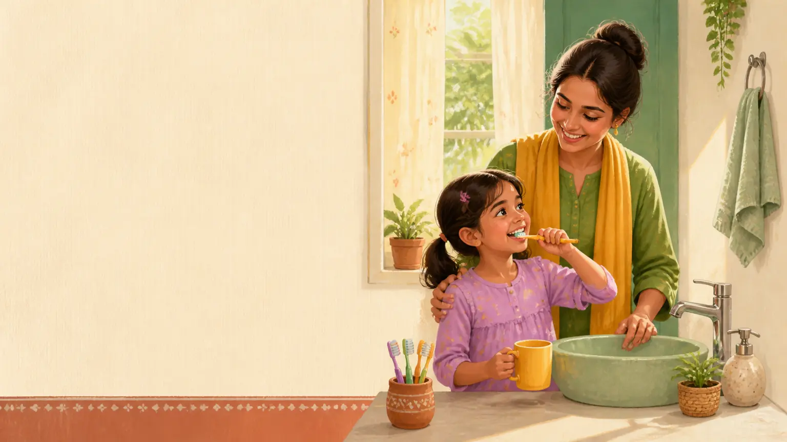 শিশুর ভালো অভ্যাস ও routine নিয়ে parent ও শিশুর calm family illustration