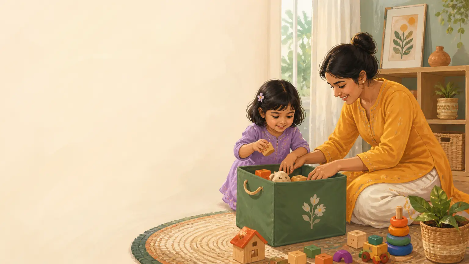 শিশুর ভালো অভ্যাস ও routine নিয়ে parent ও শিশুর calm family illustration