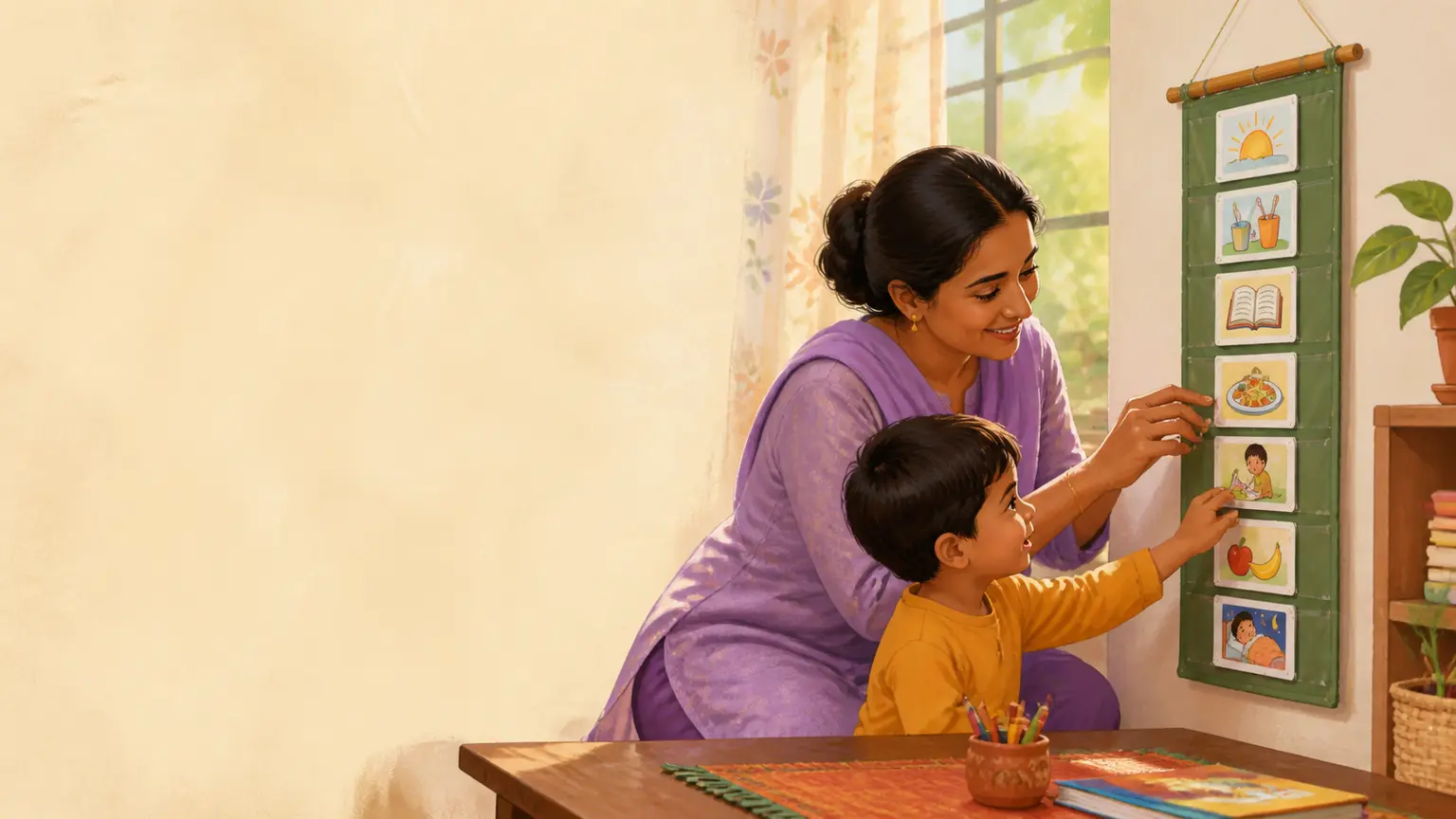 Learning, focus ও pressure-free progress নিয়ে parent ও শিশুর calm family illustration