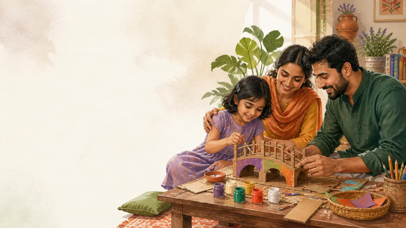 Creativity, art ও open-ended play নিয়ে parent ও শিশুর calm family illustration