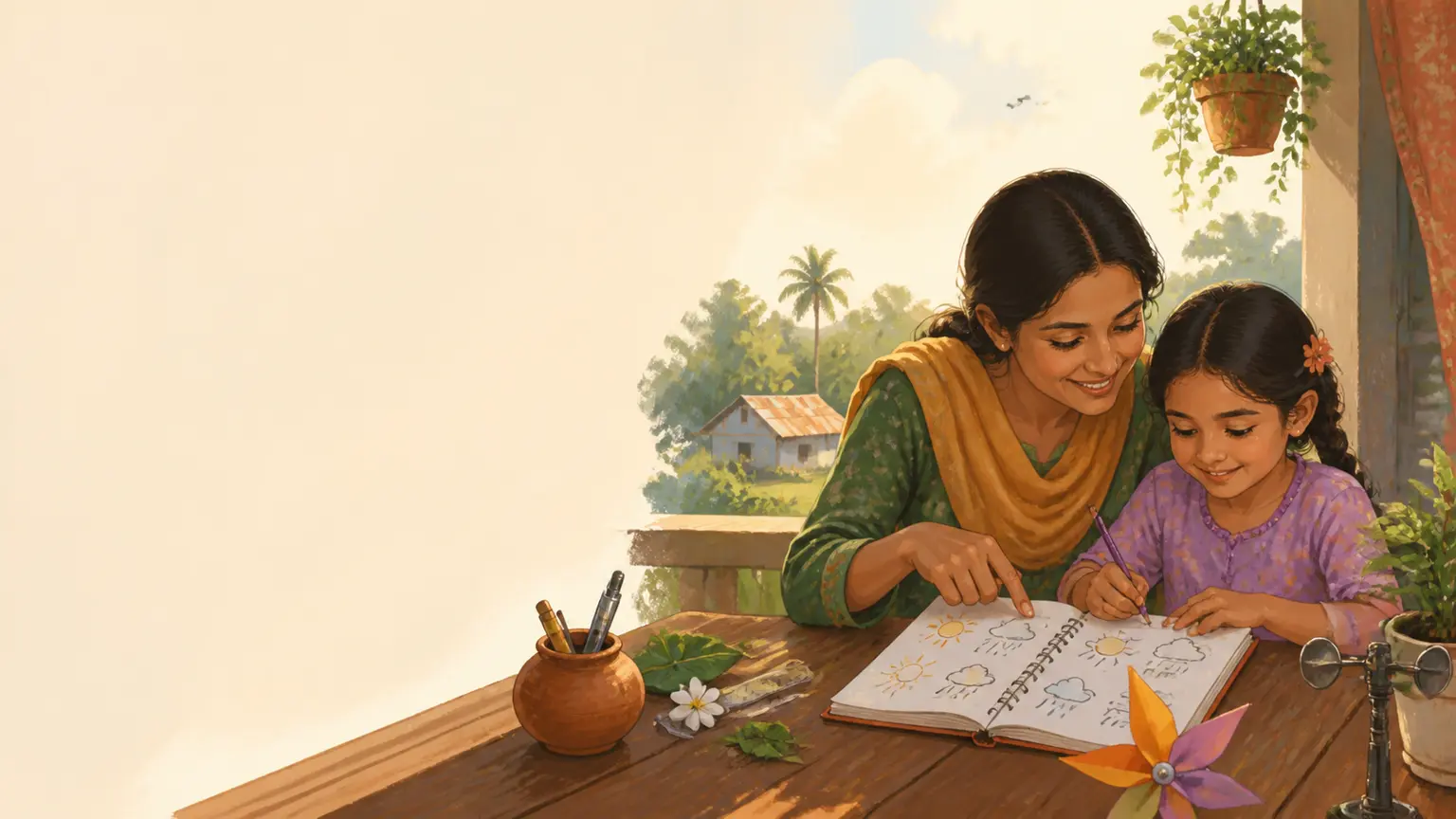 Math, science ও STEM curiosity নিয়ে parent ও শিশুর calm family illustration