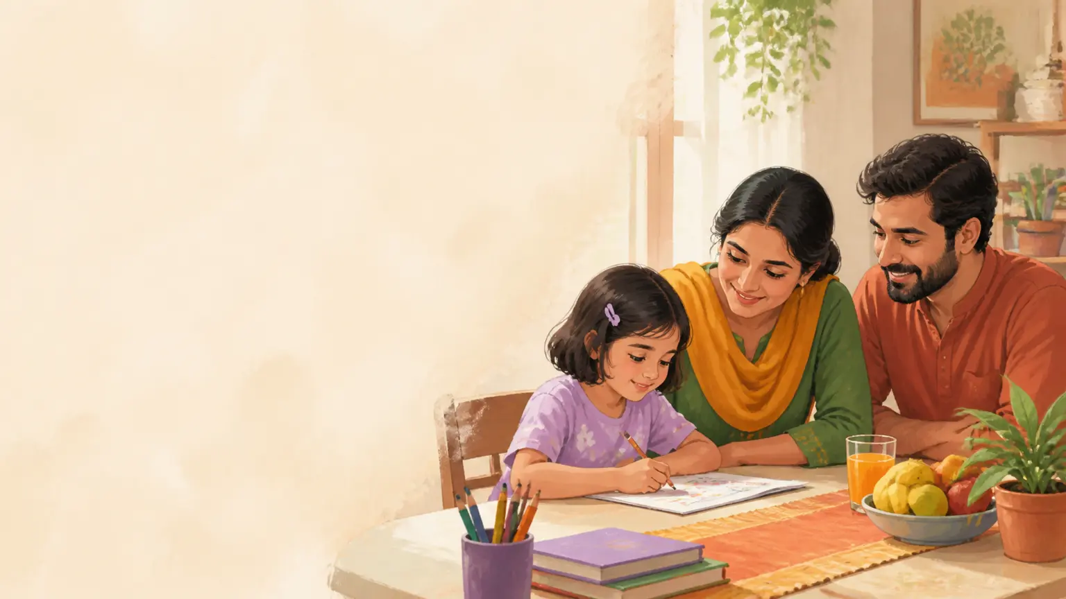 Screen routine ও mobile balance নিয়ে parent ও শিশুর calm family illustration