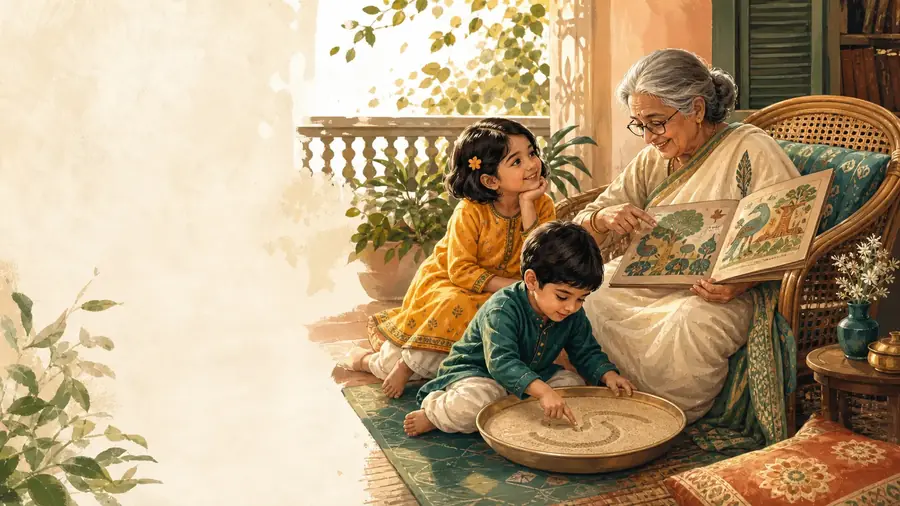 A grandmother showing a Bangla picture book to two children on her lap