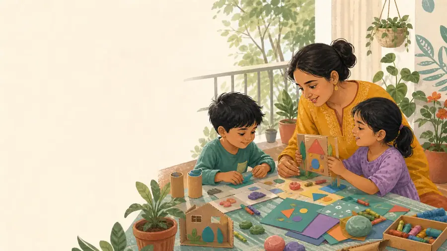 Children playing with coloured paper and blocks at a table