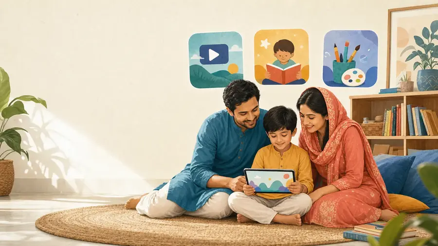 A child watching a learning tablet beside both parents
