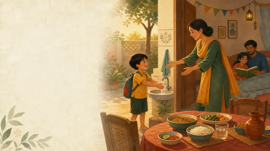 A mother setting out an evening meal as her child comes indoors, with the family reading by lamplight behind them