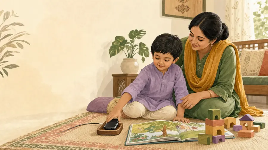 A child setting a phone down on a wooden tray beside their mother, with an open picture book in front of them